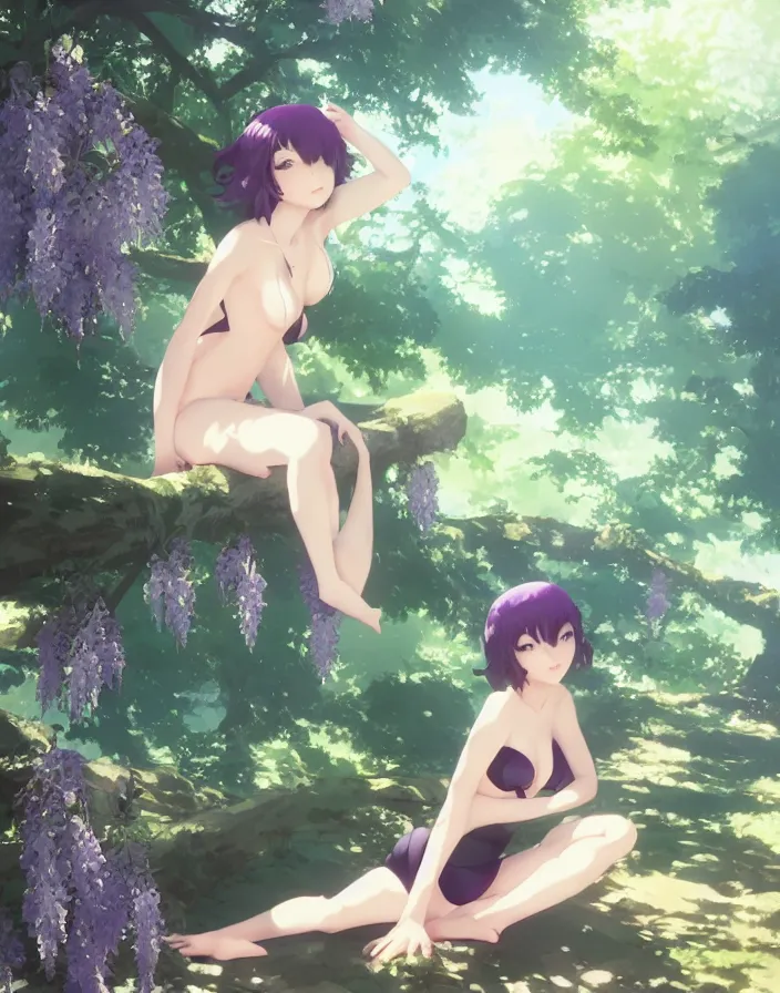 Prompt: a woman sitting under wisteria in forest, black bikini, matte, art by ilya kuvshinov and kyoto animation and ruan jia and ross tran, studio quality, aniplex,