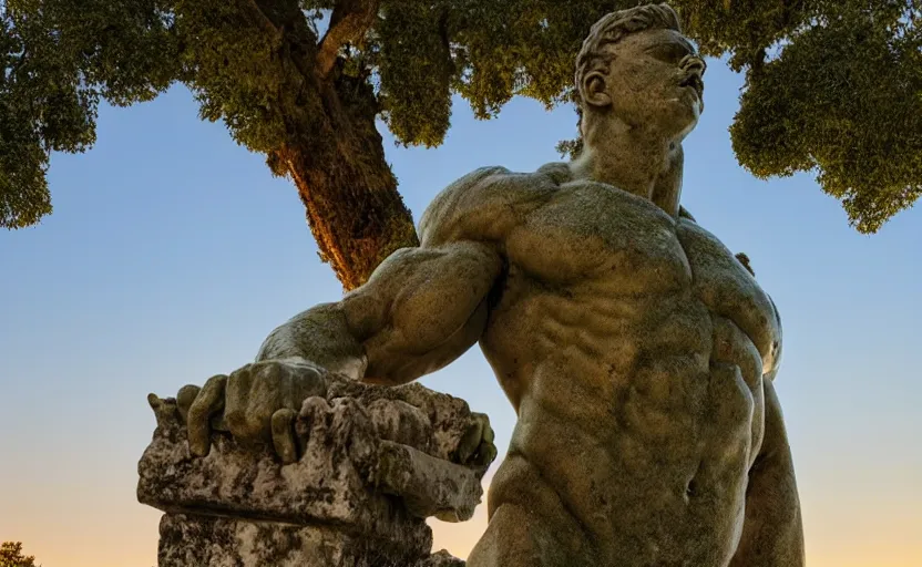 Image similar to a mossy greek marble statue of a very muscular man abandoned in the middle of a forest near a lake at sunset, concept art, godrays, complementary colors, calm, relaxing, beautiful landscape, highly detailed, high quality, 4k HDR, path tracing, serene landscape, high coherence, soft lighting