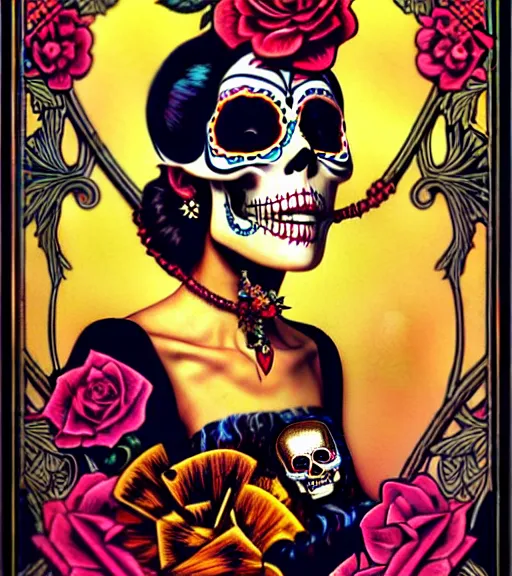Prompt: a beautiful fancy skull lady by dan mumford and gil elvgren, folklorico, tarot, sugar skull