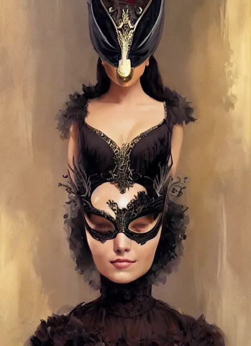 Image similar to a beautiful woman wearing an elaborate masquerade mask and matching ballgown, looking at the viewer with an alluring expression. painting by artgerm and greg rutkowski and magali villanueve