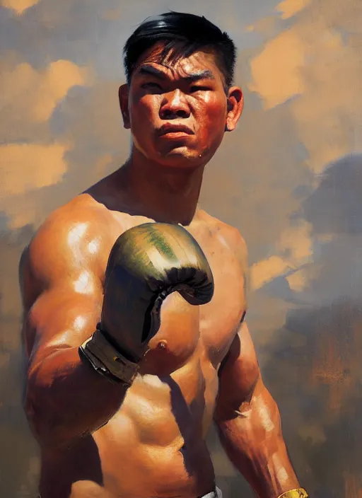 Image similar to greg manchess side portrait of a filipino boxer sitting on a tank holding a mace, organic painting, sunny day, matte painting, bold shapes, hard edges, street art, trending on artstation, by huang guangjian, gil elvgren, ruan jia, randy vargas, greg rutkowski