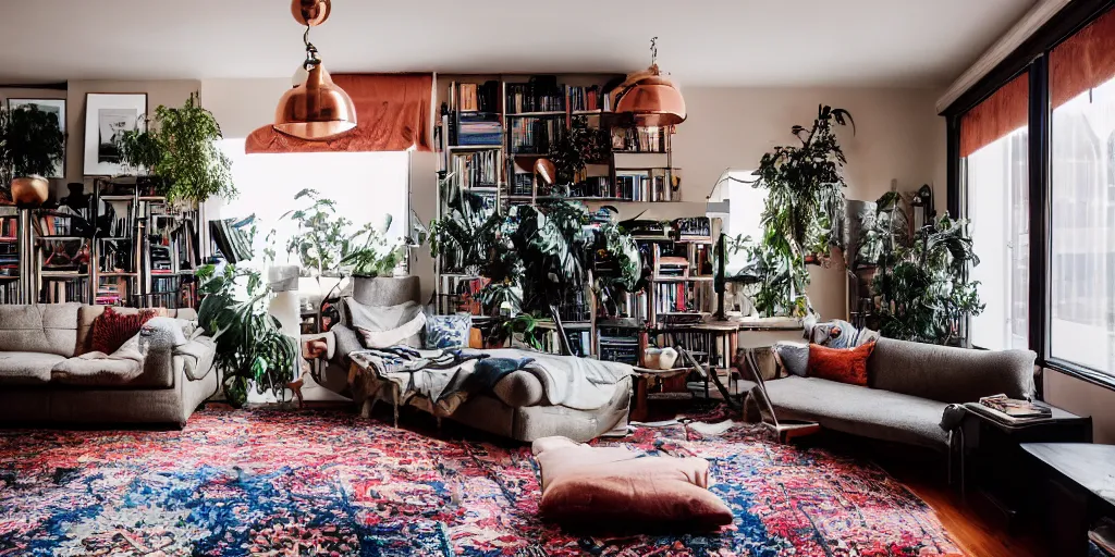 Prompt: insanely detailed wide angle photograph, atmospheric, award winning interior design living room, cat, dusk, cozy and calm, fabrics and textiles, colorful accents, brass, copper, secluded, many light sources, lamps, hardwood floors, book shelf, couch, desk, balcony door, plants