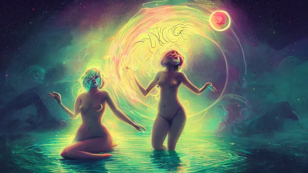 Prompt: one beautiful whimsical goddess standing in a lake basking in the moonlight, casting a spell, underneath a multi-colored binary blackhole with an accretion disc, glowing trails following her arms, acidwave, by Lois van Baarle, by Greg Rutkowski, by artgerm, by beeple, by studio ghibli, cinematic angle, volumetric lighting, 4k resolution, octane render, trending on artstation, masterpiece