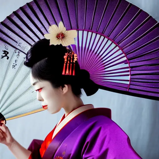 Image similar to Japanese geisha with beautiful violet paper fan, 4k photography, 30 mm lens, cinematic light, warm atmosphere, in style of Kar Wai Wong