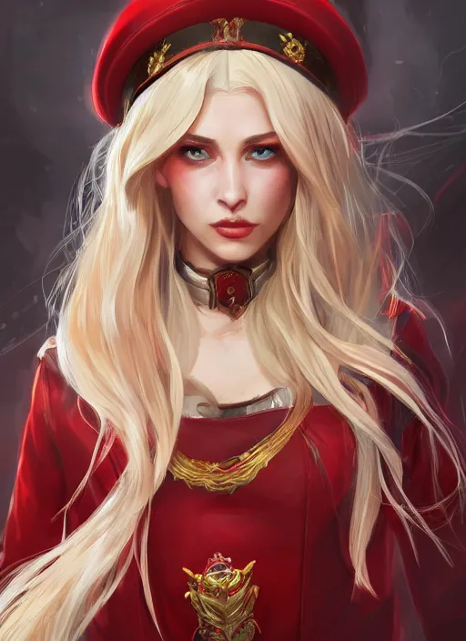 Image similar to a highly detailed illustration of beautiful long dirty blonde haired pale girl wearing red epaulette uniform, red eyes, dramatic seductive pose, curvaceous, intricate, elegant, highly detailed, centered, digital painting, artstation, concept art, smooth, sharp focus, league of legends concept art, WLOP