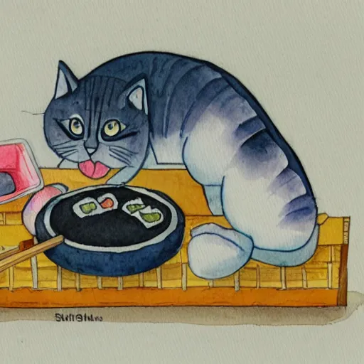 Image similar to sushi cats watercolour children's book illustration