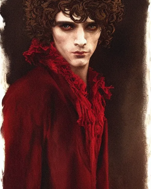 Image similar to a handsome but sinister and creepy young man in layers of fear, with haunted eyes and curly hair, 1 9 7 0 s, seventies, delicate embellishments, a little blood, crimson, painterly, offset printing technique, by alexandre cabanel