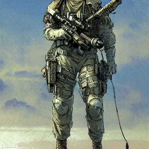 Prompt: Hector. USN special forces recon operator in near future gear, cybernetic enhancement, on patrol in the Australian neutral zone, deserted city landscape. 2087. Concept art by James Gurney and Alphonso Mucha