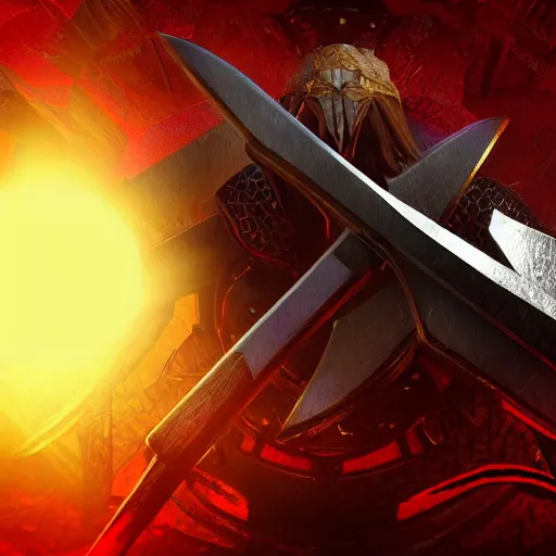 Prompt: game - icon of sword and axe crossed on a prism, red powerful fantasy epic legends, game icon stylized, digital illustration radiating, a glowing aura, global illumination, ray tracing, 8 k high definition, intricate details, octane render, unreal engine, trending on arstation