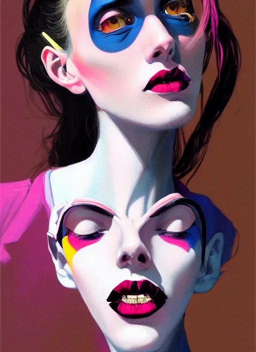 Image similar to portrait of a lanky woman with a crooked nose and a confident expression, 1 9 6 0 s, colorful clothes, goth, punk, funk, intricate, elegant, highly detailed, digital painting, artstation, concept art, smooth, sharp focus, illustration, art by wlop, mars ravelo and greg rutkowski