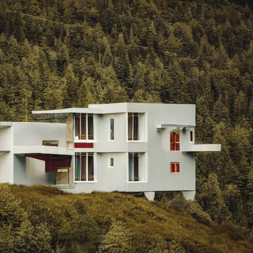 Image similar to wes anderson style modern futuristic house near the lake, snowy mountains and green forest, cinematic, realism, photo, detailed