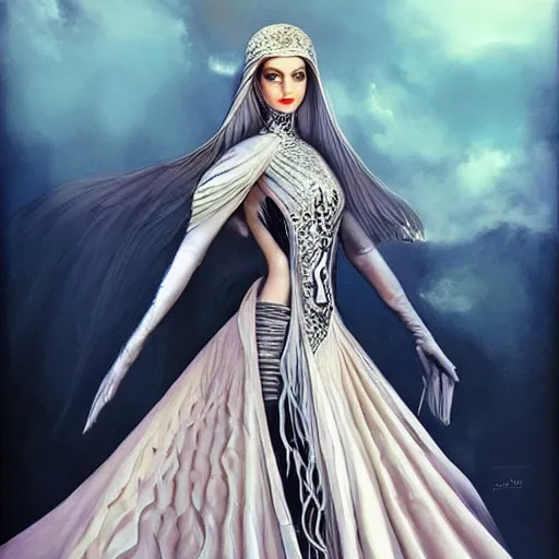 Prompt: a beautiful arabian woman wearing a futuristic dress by alexander mcqueen, thom browne, karol bak, ayami kojima, artgerm, arabian beauty, blue eyes, smile, concept art, fantasy