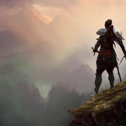 Image similar to a warrior standing on a cliff looking down to the beautiful sight of forest, trending on artstation, realistic, sharp, bold