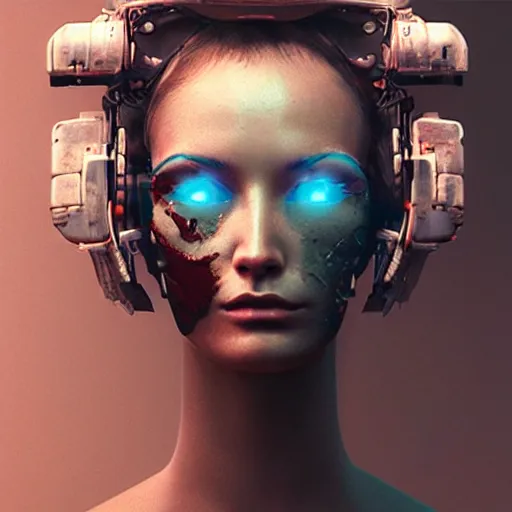 Prompt: sexy beautiful woman head made of mech mask rendered in unreal engine, cyberpunk, dark scifi, painted by beksinski and beeple