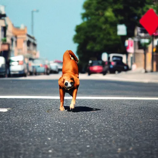 Prompt: a dog doing a hand stand in the middle of a busy road, realistic, 35mm photograph