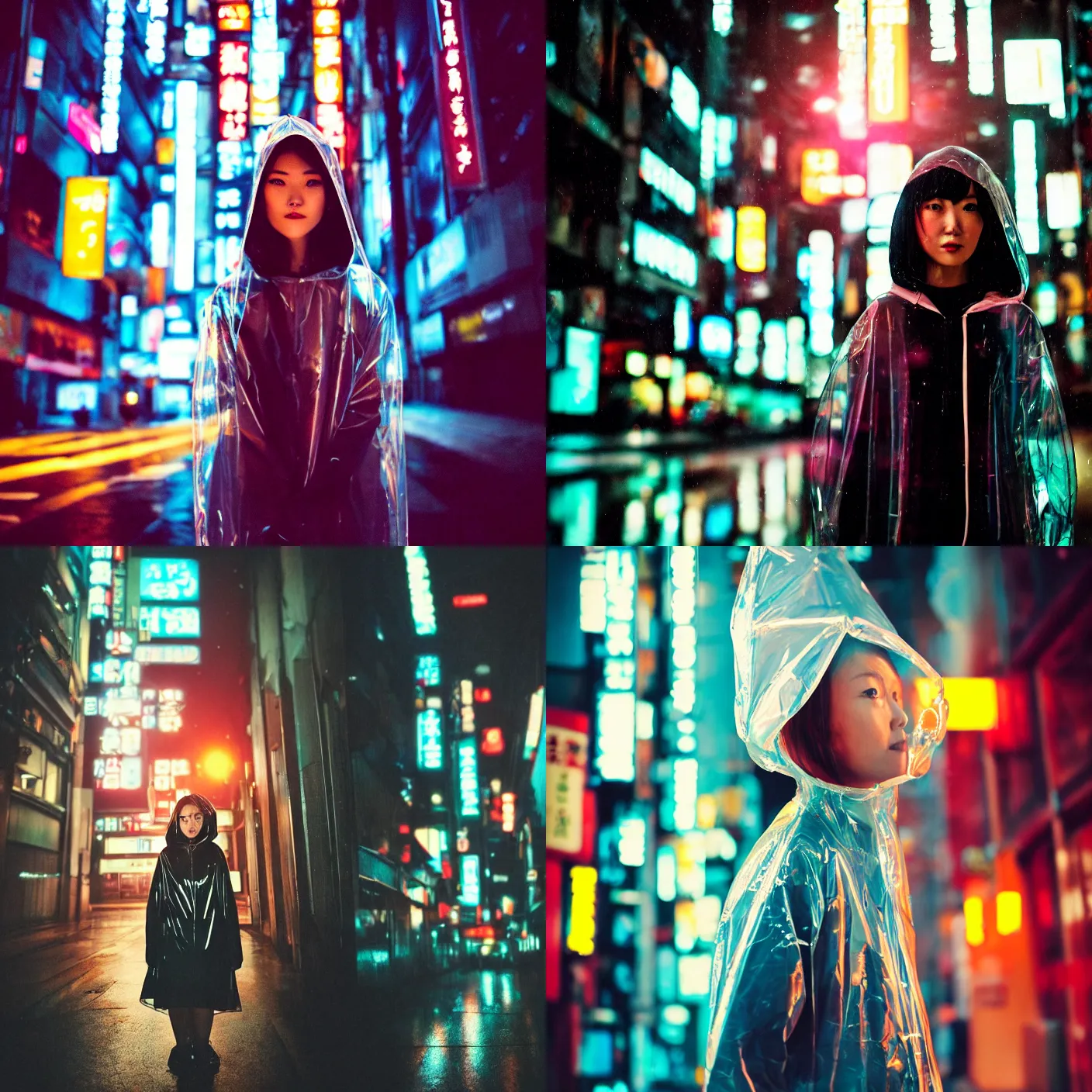 Prompt: An analog head and shoulder frontal face photography of woman wearing a transparent raincoat with hoodie on by Oleg Oprisco. Liam Wong style. Aesthetic Tokyo Retro. cyberpunk city night photography city. kodak ektar film film. Depth of field. whirl bokeh. detailed. hq. realistic. Moody. Filmic. lens flare. Leica M9, f/1.2, symmetrical balance, in-frame