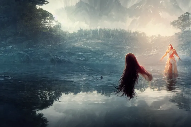 Image similar to first person perspective of a woman looking at her hands full of rings, the woman is reflected in the water of a lake, in the style of ruan jia, illustration, epic, fantasy, hyper detailed, smooth, unreal engine, sharp focus, ray tracing