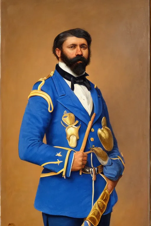 Image similar to full body portrait of the dictator of the memphis grizzlies, 1 8 8 9, in full military garb, memphis midnight blue, beale street blue, smoke blue, grizzlies gold and white, oil on canvas by william sidney mount, trending on artstation