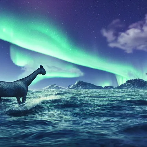 Image similar to beautiful waterhorse, northern lights, night ocean, fjords, moonlit, waves, octane render, artstation, HDR