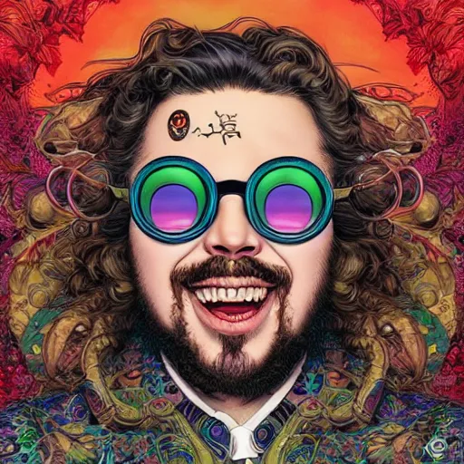 Prompt: portrait of crazy post malone with round digital sunglasses, symmetrical, by yoichi hatakenaka, masamune shirow, josan gonzales and dan mumford, ayami kojima, takato yamamoto, barclay shaw, karol bak, yukito kishiro