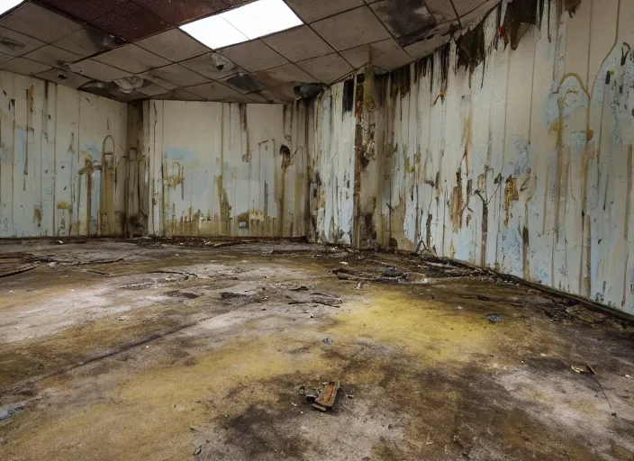 Image similar to the inside of the building for a Winnie the Pooh Disney wide, shut down, abandoned, Florida, out of business building, got shut down, kids place, interior, liminal spaces, backrooms, empty