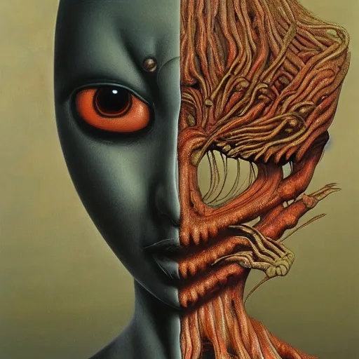 Image similar to tomie by junji ito in the style of zdzisław beksiński and h.r. giger, oil on canvas, intricately detailed artwork, full 8k high quality resolution, recently just found unknown masterpiece, renaissance painting, photorealism, 8k high detail, Sigma 85 mm f 1.4, Studio Light, Studio Ghibli