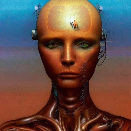 Image similar to a closeup of a businesswoman with computer motherboard built inside her head, Beksinski, Dariusz Zawadzki