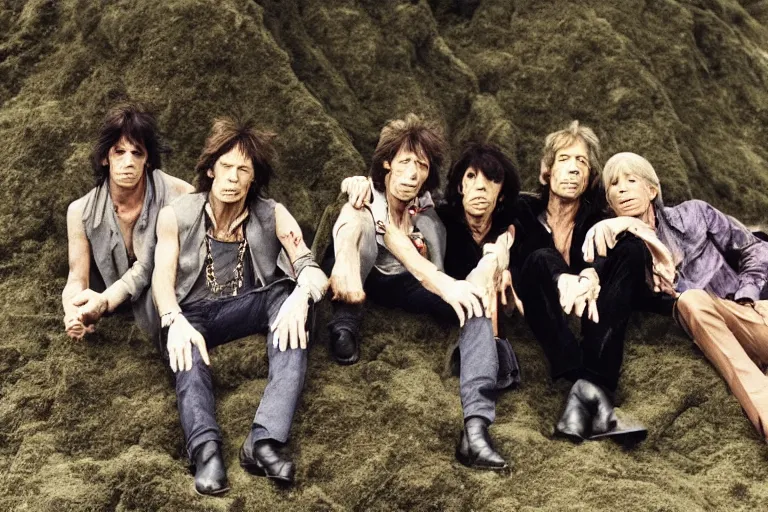 Prompt: the rolling stones, rolling stones down a hill