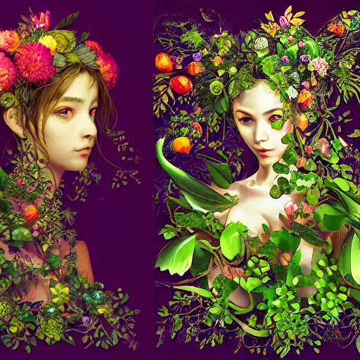 Image similar to the portrait of an absurdly beautiful, graceful, elegant, young woman made of fruits and green petals, an ultrafine hyperdetailed illustration by kim jung gi, irakli nadar, intricate linework, bright colors, octopath traveler, final fantasy, angular, unreal engine 5 highly rendered, global illumination, radiant light, detailed and intricate environment