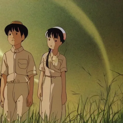 Prompt: Film still from Graveyard of the Fireflies (1988), evening, Studio Ghibli, Artstation