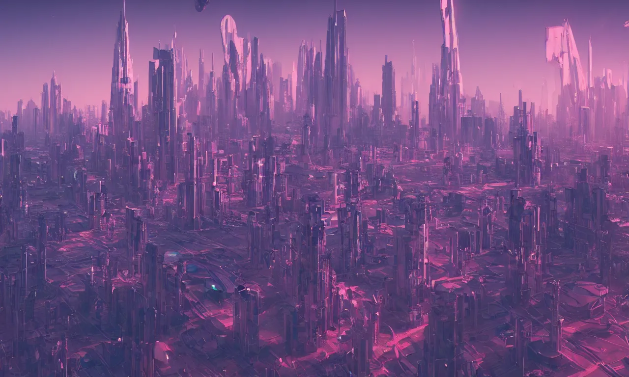 Prompt: futuristic city, a matte painting by mike winkelmann, cgsociety, space art, retrowave, rendered in cinema 4 d, synthwave