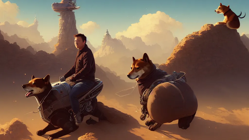 Image similar to Highly detailed portrait of Elon musk riding a shiba inu, Stephen Bliss, unreal engine, fantasy art by Greg Rutkowski, Loish, Rhads, ferdinand knab, Makoto Shinkai and Lois van baarle, ilya kuvshinov, rossdraws, Tom Bagshaw, alphonse mucha, global illumination, radiant light, detailed and intricate environment