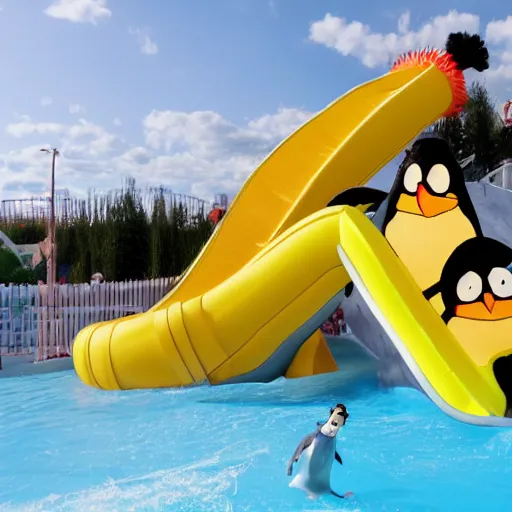 Prompt: a cartoon penguin going down a waterslide