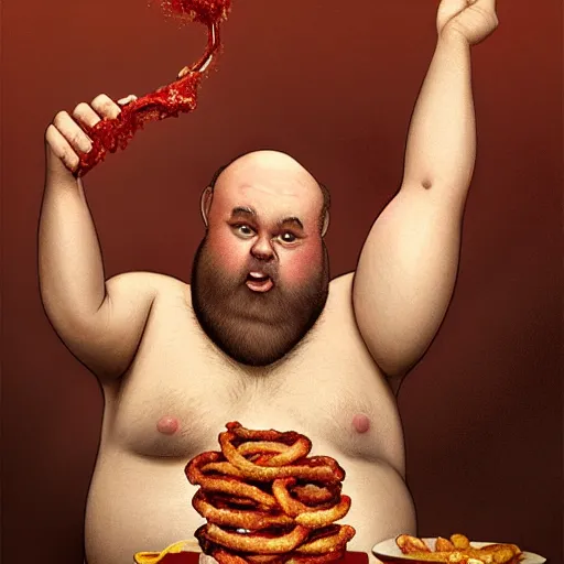 Prompt: Shirtless fat balding man with a big beard, with a tall stack of onion rings in front of him, his body covered in tomato sauce. He is holding a beer. portrait, elegant, intricate, digital painting, artstation, concept art, smooth, sharp focus, illustration, art by artgerm and greg rutkowski and alphonse mucha