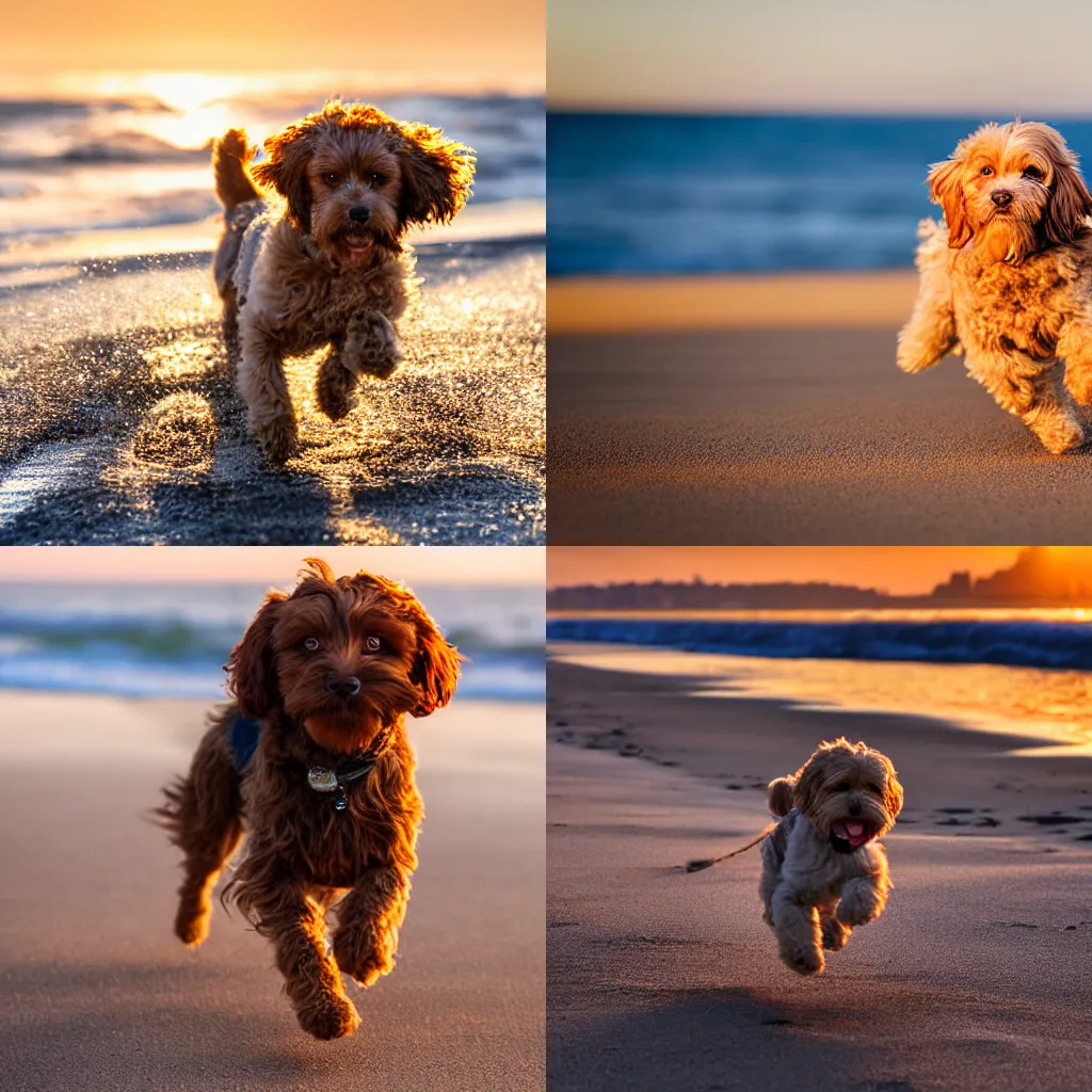Prompt: happy cavoodle dog running on the beach, golden hour sun, front view, bokeh, close up