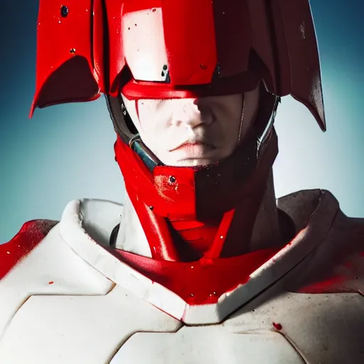 Image similar to a tall muscular soldier, wearing blood - spattered glossy sleek white dinged scuffed armor and a long torn red cape, heroic posture, determined expression, gritty, no helmet, on the surface of mars, dramatic lighting, cinematic, sci - fi, hyperrealistic, detailed