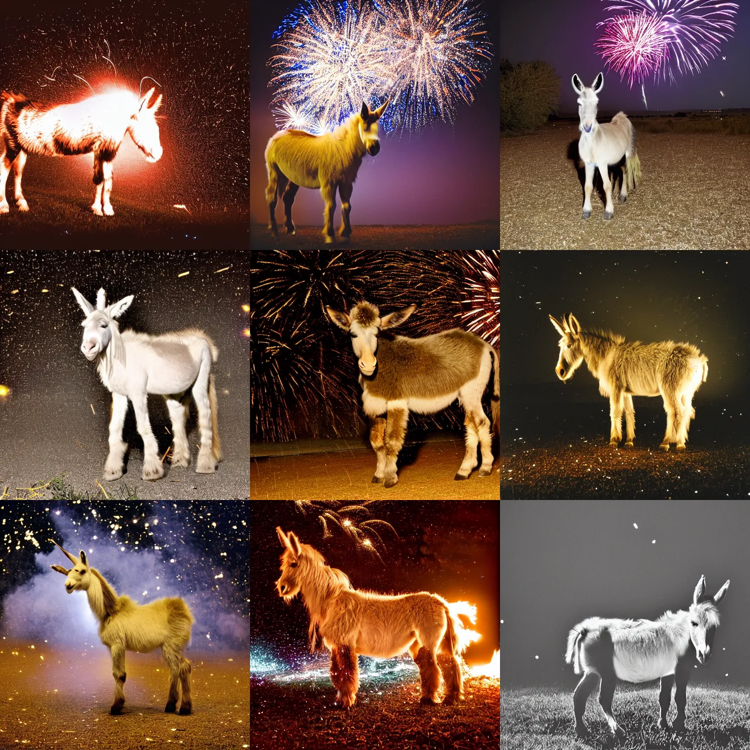 Prompt: exploding fireworks in the night sky raining down embers and sparks and brightly burning pieces falling from the sky, a pale donkey stands in a field in the darkness. color photography. Flash photo. Cursed image. nikon coolpix