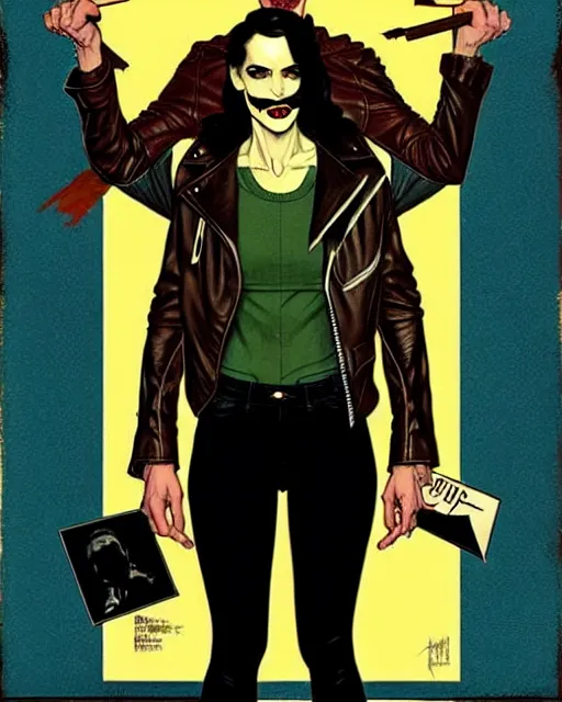 Prompt: Rafael Albuquerque comic cover art, Norman Rockwell, Joshua Middleton, pretty Eva Green vampire, sharp vampire teeth, sarcastic smile, symmetrical eyes, symmetrical face, brown leather jacket, jeans, long black hair, full body, building on fire, cool colors