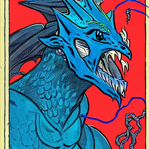 Prompt: head and shoulders portrait of a medieval fantasy anthropomorphic blue dragon - headed - human hybrid with electrcity magic, fantasy, d & d, high details, comic book cover art photo by phil noto and frank miller