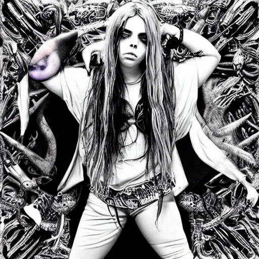 Image similar to billie eilish in a heavy metal album cover