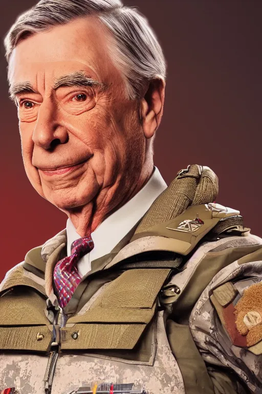 Prompt: mr. rogers in military gear looking tough and threatening, intricate, hyper detailed, accent lighting, dramatic light, 4 k octane render