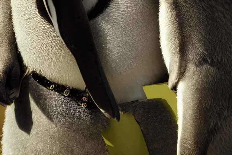 Image similar to vfx movie scene closeup penguin in ancient armor holding a katana in a green arctic. by emmanuel lubezki