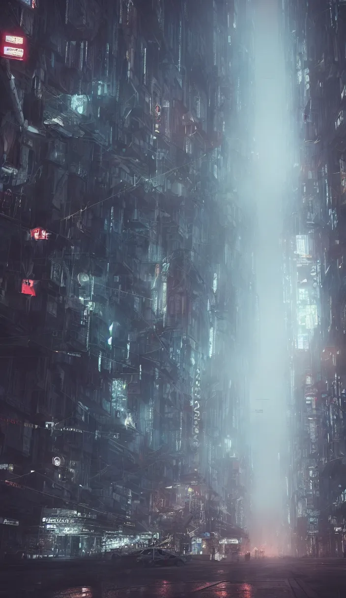 Image similar to a foggy night in milano in 2 0 7 9, cyberpunk future, distopic, cinestill, photography, realistic, hyper detailed, unreal engine, cinematic, octane render