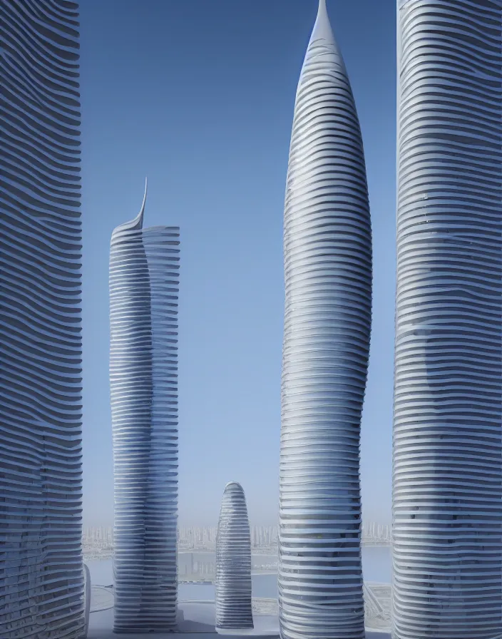 Prompt: al hamra tower, futuristic, evolution tower, santiago calatrava, futuristic tower architecture, 8 k render, beige in the middle of a spacious futuristic city