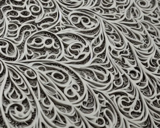 Image similar to wall craving filigree carved out of ivory about fishes fins scales, intricate insanely detailed