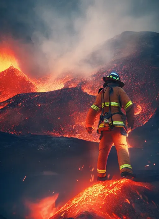 Image similar to Fireman, volcano, flames, light atmosphere, cinematic shot, intricate, ornate, photorealistic, ultra detailed, realistic, 100mm, photography, octane, high definition, depth of field, bokeh, 8k, artstation