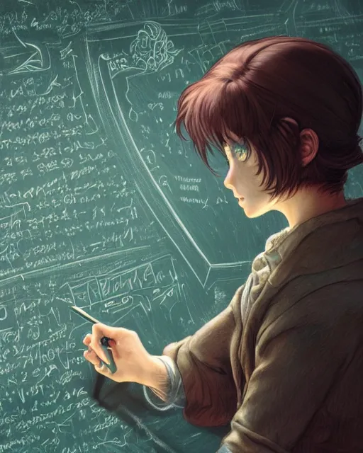 Prompt: a girl writing on a chalkboard, full shot, visible face, ambient lighting, detailed, art by ayami kojima, makoto shinkai, kilian eng