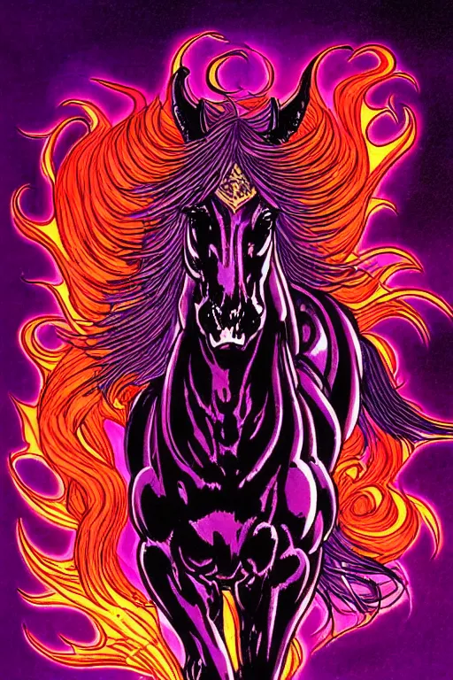 Image similar to illustration of fiery horse demon, black and purple flames, flaming eyes, horse, intricate linework, in the style of moebius, ayami kojima, 1 9 9 0's anime, retro fantasy