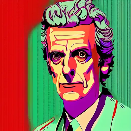 Prompt: a portrait of peter capaldi in retro colors, synthwave style, 2 d digital vector art