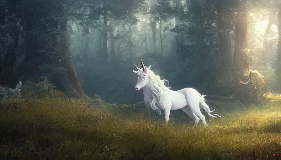 Image similar to a beautiful painting of the last unicorn, ray traced lighting by kalin popov and greg rutkowski